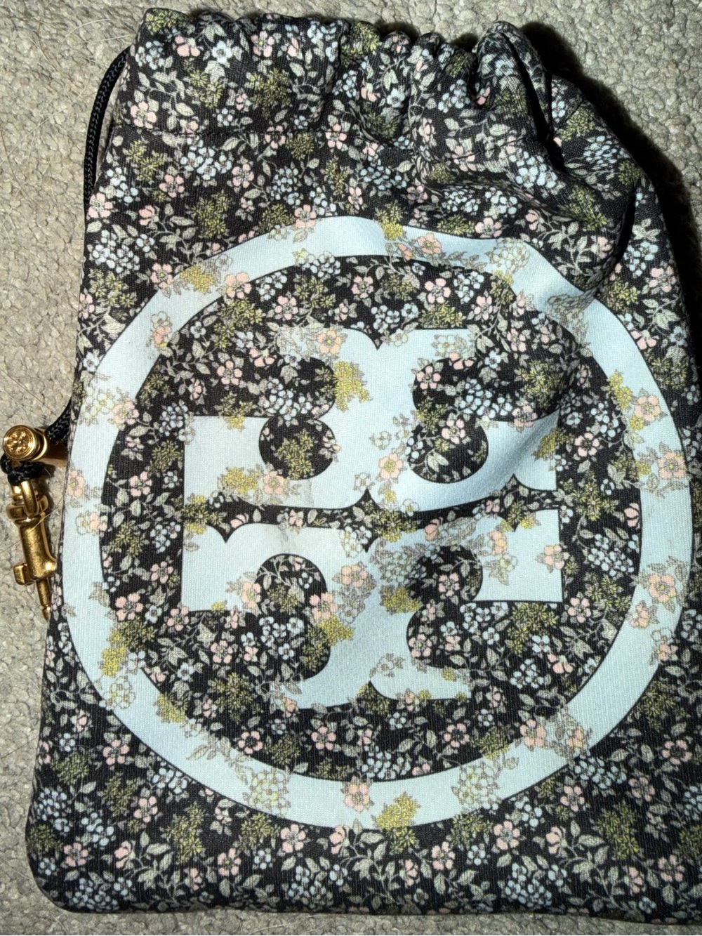 Tory Burch Floral Logo Drawstring Bag in Black and Pale Blue